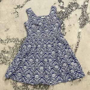 Boom Shankar Blue White Damask Print Sleeveless Fit Flare Dress Sz 12
